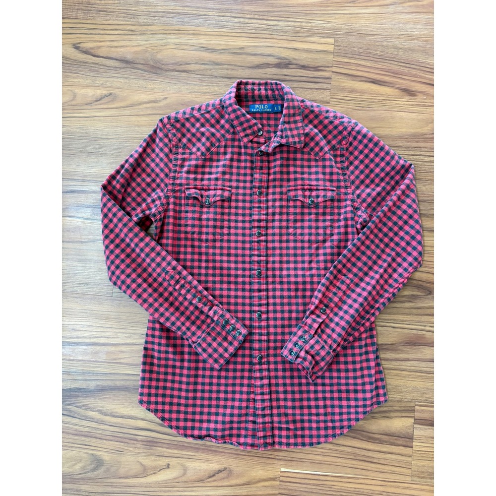 Polo Ralph Lauren Womens Red Black Buffalo Plaid Western Snap Shirt Large